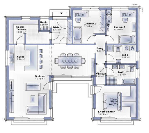 Fertighaus Bungalow Atrium von VARIO-HAUS Schlüsselfertig ab 366740€, Cubushaus Grundriss 1