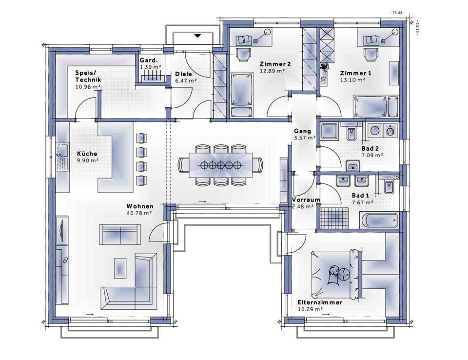 Fertighaus Bungalow Atrium von Vario-Haus - Deutschland Schlüsselfertig ab 386690€, Cubushaus Grundriss 1