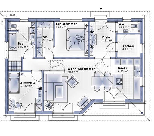 Fertighaus Bungalow Compact Small von VARIO-HAUS Schlüsselfertig ab 275690€, Bungalow Grundriss 1