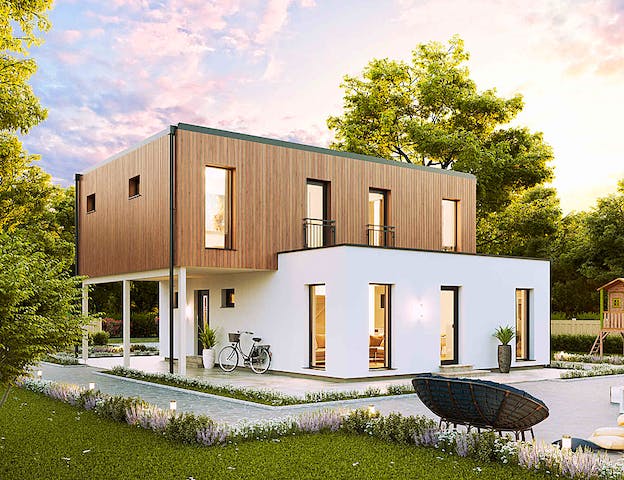 Fertighaus aus Holz mit kombinierter Holz- & Putzfassade
