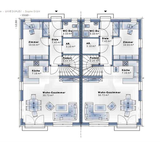 Fertighaus Duplex D124 von Vario-Haus - Deutschland Schlüsselfertig ab 316810€, Cubushaus Grundriss 1