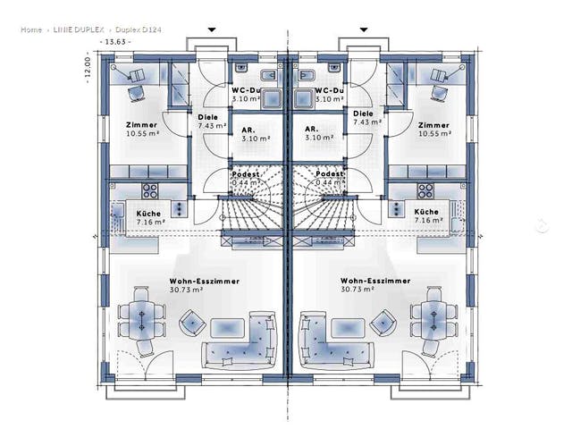 Fertighaus Duplex D124 von Vario-Haus - Deutschland Schlüsselfertig ab 316810€, Cubushaus Grundriss 1