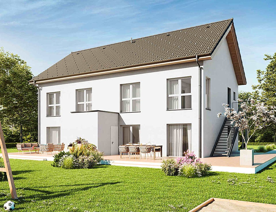 Fertighaus Duplex TRIO von Vario-Haus - Deutschland Schlüsselfertig ab 166270€, Satteldach-Klassiker Außenansicht 1