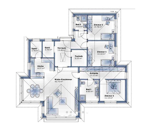 Fertighaus Bungalow S141 mit Einliegerwohnung von Vario-Haus - Deutschland Schlüsselfertig ab 375340€, Bungalow Grundriss 1