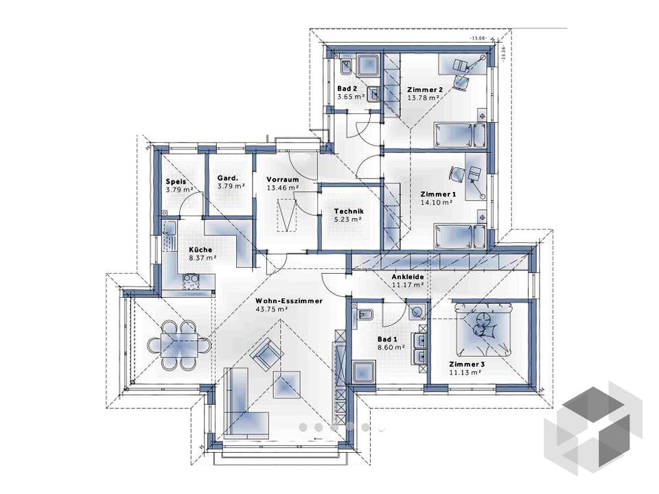 Bungalow S141 mit Einliegerwohnung von VARIO-HAUS Grundriss