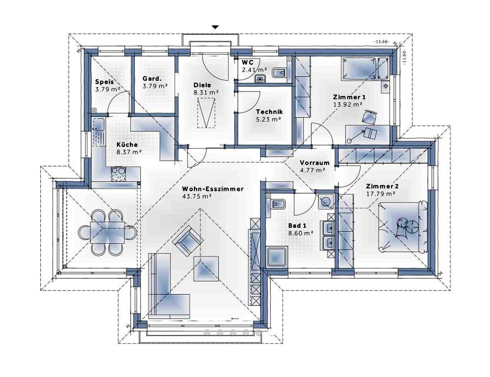 Fertighaus Bungalow S141 SMALL von Vario-Haus - Deutschland Schlüsselfertig ab 332450€, Bungalow Grundriss 1