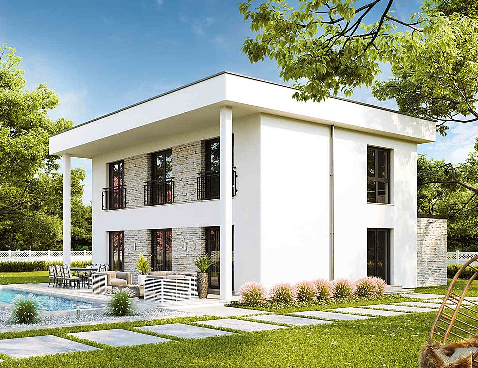 Fertighaus New Design Sunrise von Vario-Haus - Österreich Schlüsselfertig ab 377870€, Cubushaus Außenansicht 1