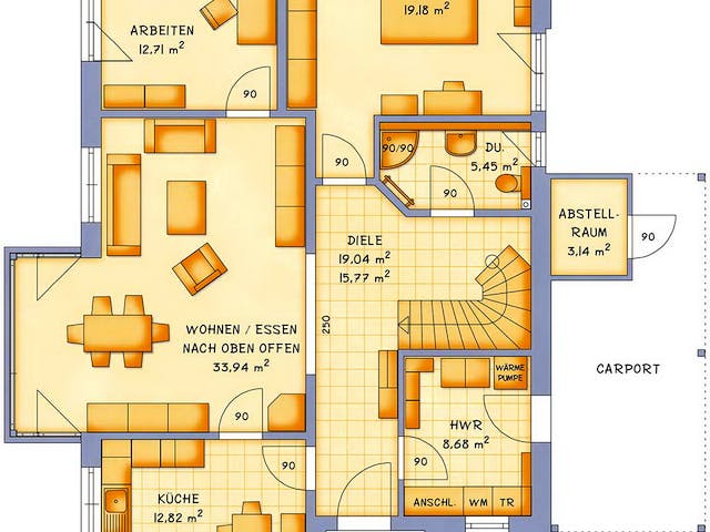 Massivhaus VarioVision 156 von HSE Massivhaus Schlüsselfertig ab 237300€, Pultdachhaus Grundriss 1