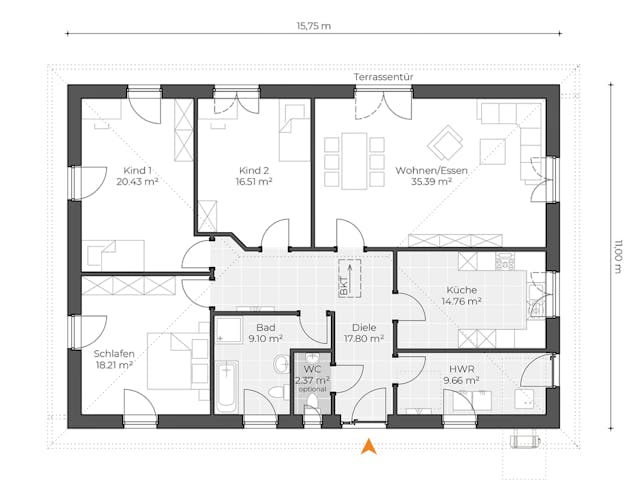 Massivhaus Bungalow V145 von Virtus Massivhaus Schlüsselfertig ab 226500€, Bungalow Grundriss 1 Massivhaus Bungalow V145 von Virtus Massivhaus Schlüsselfertig ab 226500€, Bungalow Grundriss 1