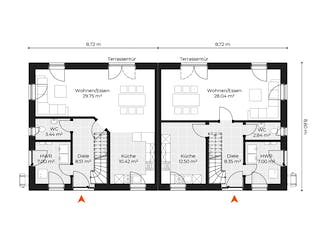 Massivhaus Doppelhaus V120 von Virtus Massivhaus Schlüsselfertig ab 192500€, Satteldach-Klassiker Grundriss 1