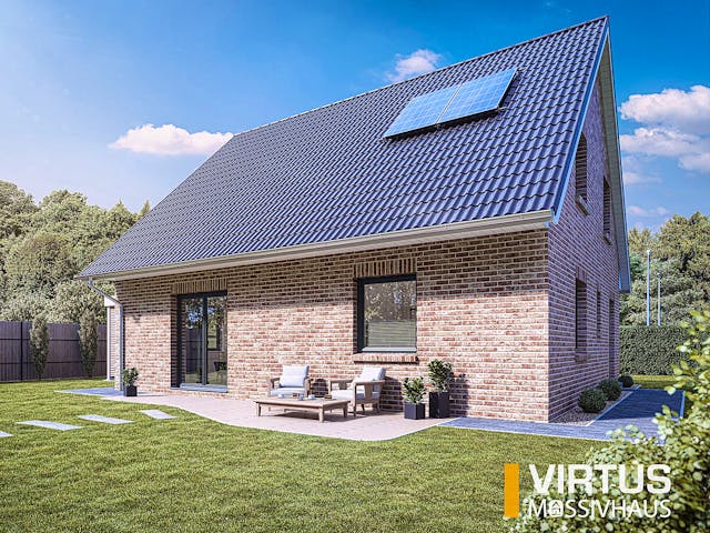 Massivhaus Einfamilienhaus V150 von Virtus Massivhaus Schlüsselfertig ab 227200€, Satteldach-Klassiker Außenansicht 2