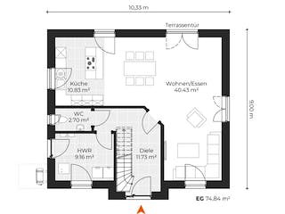 Massivhaus Friesenhaus V150 von Virtus Massivhaus Schlüsselfertig ab 230900€, Satteldach-Klassiker Grundriss 1