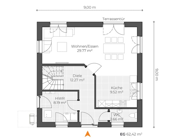 Massivhaus Stadtvilla V130 von Virtus Massivhaus Schlüsselfertig ab 224900€, Stadtvilla Grundriss 1