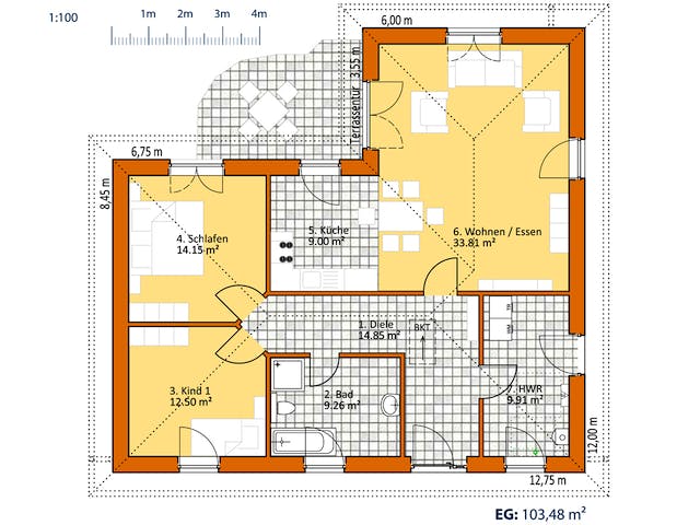 Massivhaus Winkelbungalow V 105 (out) von Virtus Massivhaus Schlüsselfertig ab 143500€, Bungalow Grundriss 1