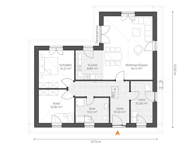 Massivhaus Winkelbungalow V105 von Virtus Massivhaus Schlüsselfertig ab 197900€, Bungalow Grundriss 1 Massivhaus Winkelbungalow V105 von Virtus Massivhaus Schlüsselfertig ab 197900€, Bungalow Grundriss 1
