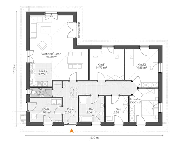Massivhaus Winkelbungalow V145 von Virtus Massivhaus Schlüsselfertig ab 239900€, Bungalow Grundriss 1