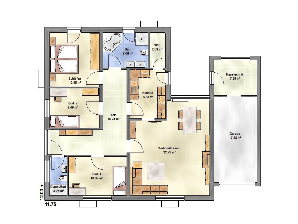 Massivhaus Vita 130 FD von EUROMAC 2 S.A.S. Bausatzhaus ab 29985€, Bungalow Grundriss 1