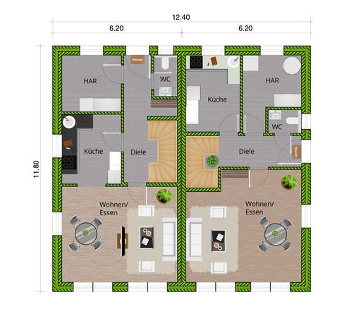 Massivhaus DHH Stadthaus 110 von WBI Hausbau Schlüsselfertig ab 199600€, Satteldach-Klassiker Grundriss 1