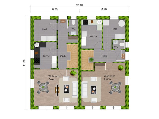 Massivhaus DHH Stadthaus 110 von WBI Hausbau Schlüsselfertig ab 199600€, Satteldach-Klassiker Grundriss 1