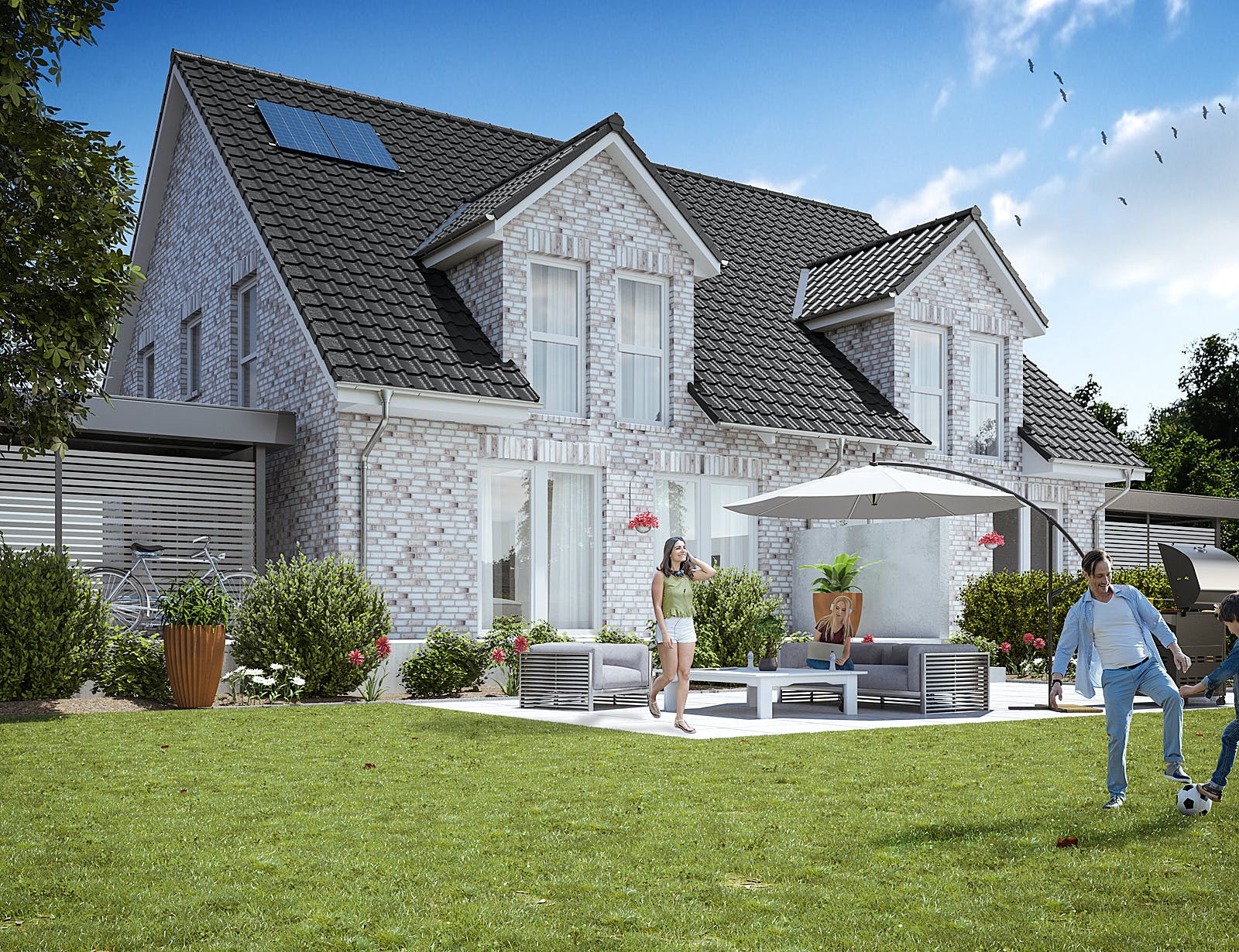 Massivhaus DHH Stadthaus 130 von WBI Hausbau Schlüsselfertig ab 224400€, Satteldach-Klassiker Außenansicht 1