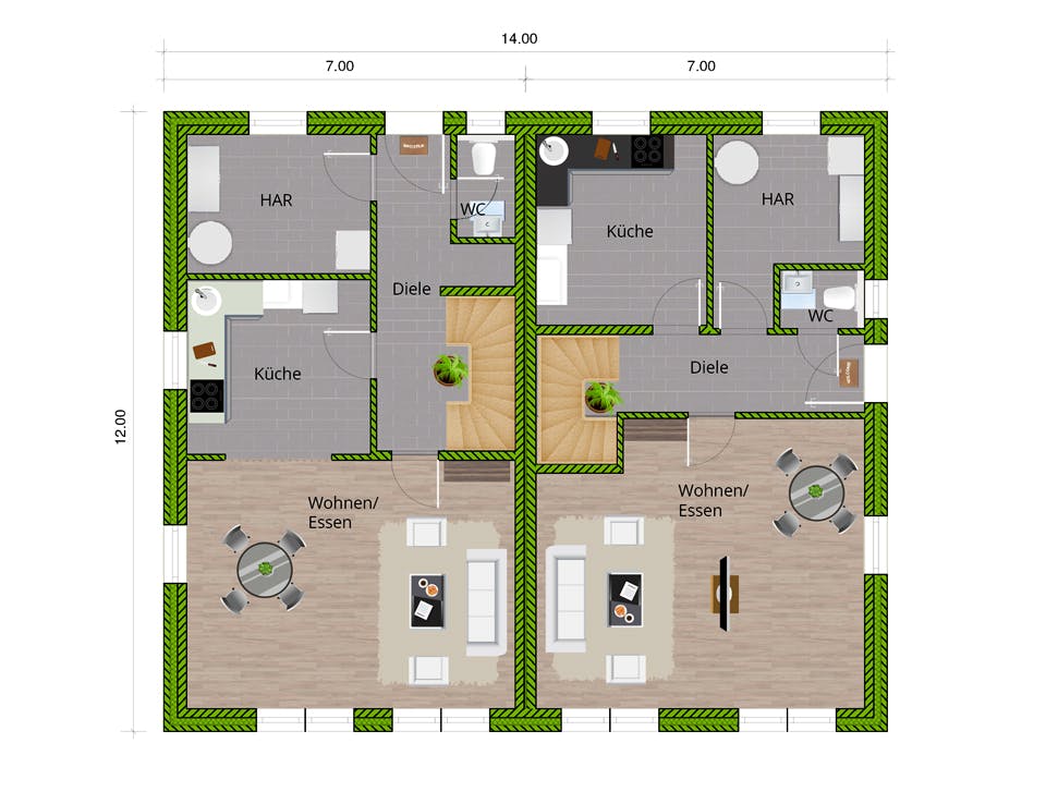 Massivhaus DHH Stadthaus 130 von WBI Hausbau Schlüsselfertig ab 224400€, Satteldach-Klassiker Grundriss 1