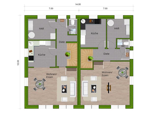 Massivhaus DHH Stadthaus 130 von WBI Hausbau Schlüsselfertig ab 224400€, Satteldach-Klassiker Grundriss 1