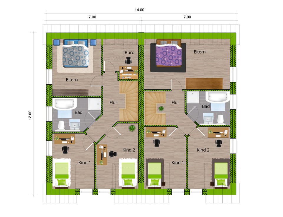 Massivhaus DHH Stadthaus 130 von WBI Hausbau Schlüsselfertig ab 224400€, Satteldach-Klassiker Grundriss 2