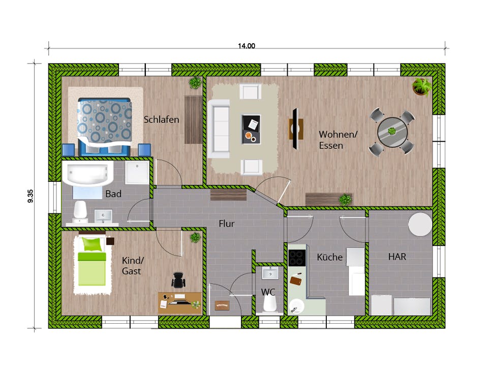 Massivhaus Bungalow 105 von WBI Hausbau Schlüsselfertig ab 210600€, Bungalow Grundriss 1