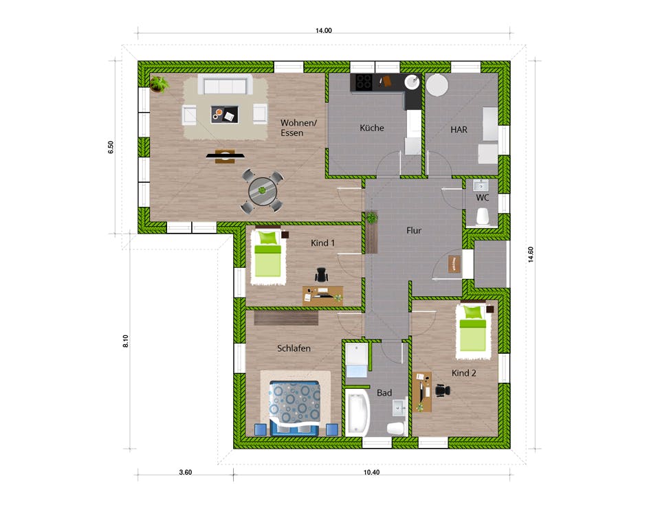 Massivhaus Bungalow 140 von WBI Hausbau Schlüsselfertig ab 254800€, Bungalow Grundriss 1