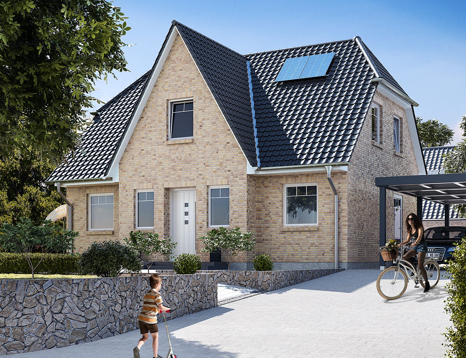 Massivhaus Friesenhaus 125 von WBI Hausbau Schlüsselfertig ab 228400€, Satteldach-Klassiker Außenansicht 1