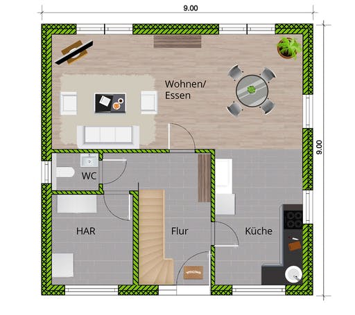 Massivhaus Junges Wohnen von WBI Hausbau Schlüsselfertig ab 212200€, Satteldach-Klassiker Grundriss 1