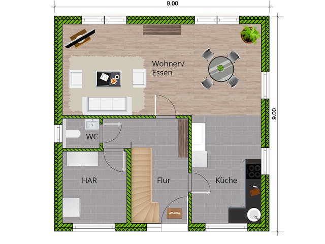 Massivhaus Junges Wohnen von WBI Hausbau Schlüsselfertig ab 212200€, Satteldach-Klassiker Grundriss 1