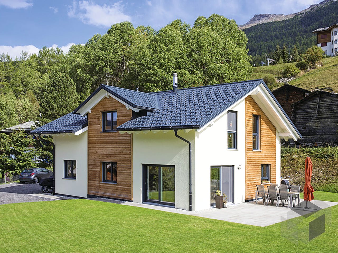 Beispielbild eines Einfamilienhauses mit Holzverkleidung