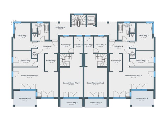 Fertighaus Mehrfamilienhaus mit 8 Wohnungen von WeberHaus - Mehrfamilienhäuser, Satteldach-Klassiker Grundriss 1 Fertighaus Mehrfamilienhaus mit 8 Wohnungen von WeberHaus - Mehrfamilienhäuser, Satteldach-Klassiker Grundriss 1