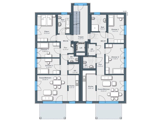 Fertighaus Mehrfamilienhaus mit Wohnqualität auf hohem Niveau von WeberHaus - Mehrfamilienhäuser, Cubushaus Grundriss 1