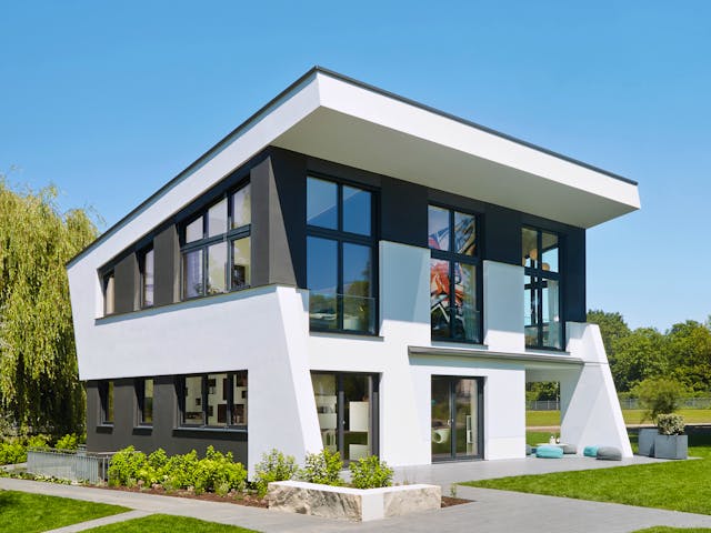 Fertighaus Ausstellungshaus Rheinau-Linx Jubiläumshaus von WeberHaus Schlüsselfertig ab 695000€, Pultdachhaus Außenansicht 1