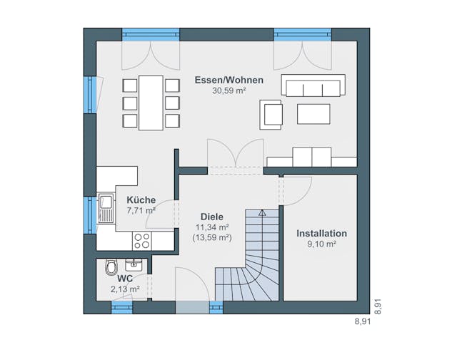 Fertighaus Balance 085 eco von WeberHaus Schlüsselfertig ab 279950€, Satteldach-Klassiker Grundriss 1