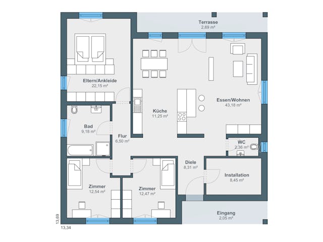 Fertighaus Kundenhaus myLife 402 von WeberHaus Schlüsselfertig ab 401800€, Bungalow Grundriss 1 Fertighaus Kundenhaus myLife 402 von WeberHaus Schlüsselfertig ab 401800€, Bungalow Grundriss 1