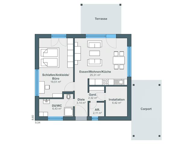 Fertighaus newLife Bungalow von WeberHaus Schlüsselfertig ab 235260€, Bungalow Grundriss 1