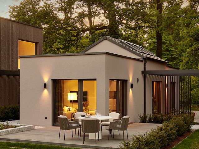 Fertighaus Option Bungalow mit Satteldach offen bis First von WeberHaus Schlüsselfertig ab 199000€, Bungalow Außenansicht 2