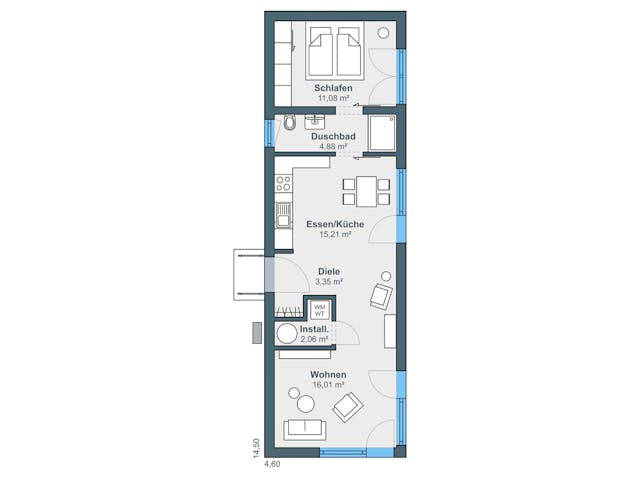 Fertighaus Option Bungalow mit Satteldach offen bis First von WeberHaus Schlüsselfertig ab 199000€, Bungalow Grundriss 1 Fertighaus Option Bungalow mit Satteldach offen bis First von WeberHaus Schlüsselfertig ab 199000€, Bungalow Grundriss 1