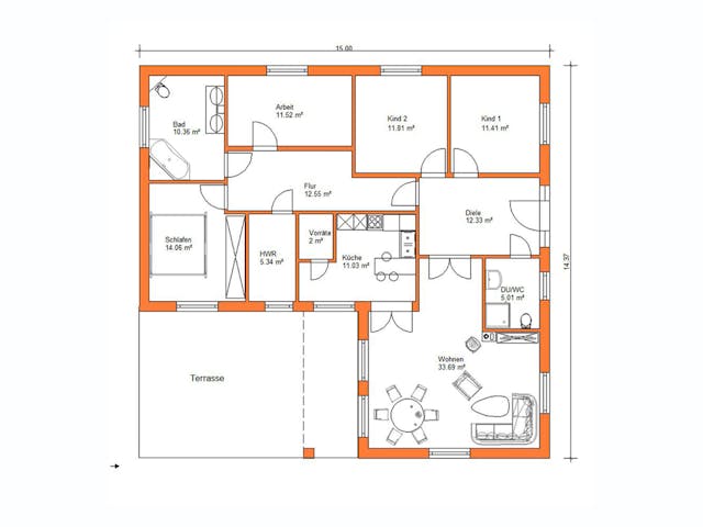 Massivhaus Bunganlow 348 von WEIOTT-Massiv-Haus, Bungalow Grundriss 1