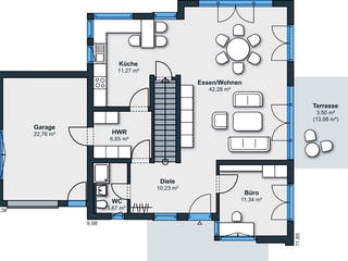 Fertighaus Ausstellungshaus Wenden-Hünsborn von WeberHaus Schlüsselfertig ab 393000€, Pultdachhaus Grundriss 1
