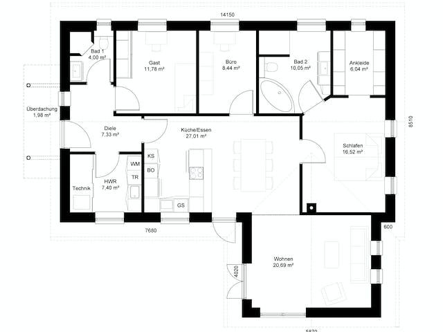 Massivhaus Winkelbungalow Husum von HausCompagnie Schlüsselfertig ab 185000€, Bungalow Grundriss 1