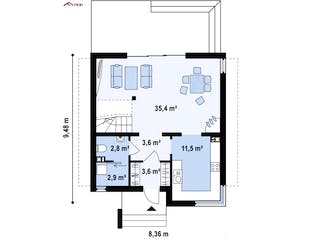 Fertighaus Z 112 von WODEN HAUS Schlüsselfertig ab 255000€, Satteldach-Klassiker Grundriss 1