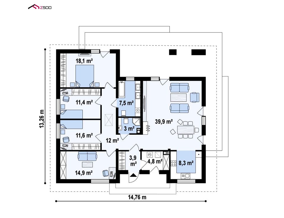 Fertighaus Z 321 von WODEN HAUS Schlüsselfertig ab 297000€, Bungalow Grundriss 1