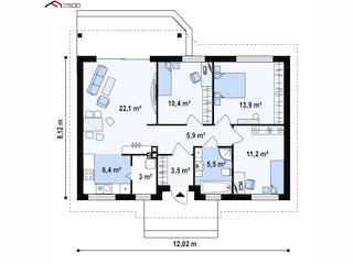 Fertighaus Z 7 D von WODEN HAUS Schlüsselfertig ab 180000€, Bungalow Grundriss 1