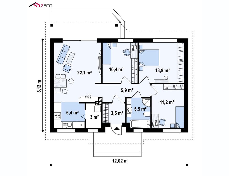 Fertighaus Z 7 D von WODEN HAUS Schlüsselfertig ab 180000€, Bungalow Grundriss 1
