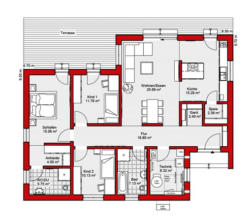 Fertighaus EDITION B 125 von Wolf-Haus Schlüsselfertig ab 372844€, Bungalow Grundriss 1