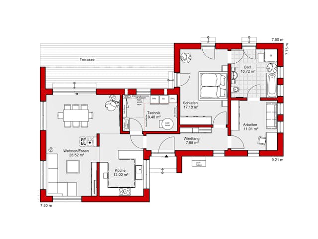 Fertighaus EDITION B 98 von WOLF-HAUS Schlüsselfertig ab 358720€, Bungalow Grundriss 1